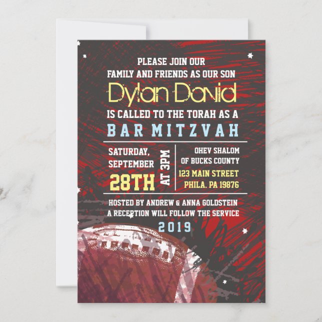 FOOTBALL SPLATTER Bar Mitzvah Invitation Invite (Front)