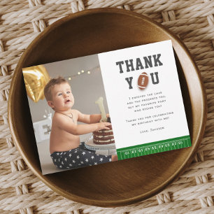 Football Sport First Year Down Birthday Photo Thank You Card