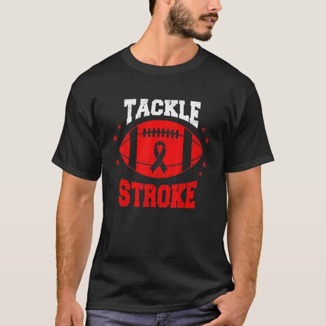 Football Tackle Stroke Retro Awareness Red Ribbon T-Shirt (Front)