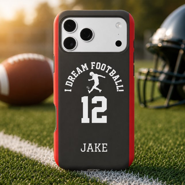 Football Team Jersey Number Design (Football jersey phone case with player number and name on a football field)