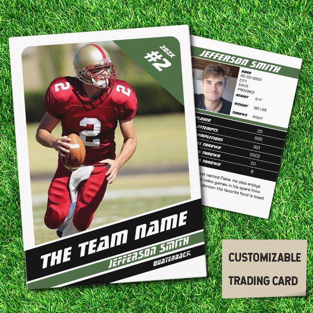 Football Team Trading Card Sport Gifts Idea Green (American Football Player Trading Card in White with Custom Team and Player Name with Green Stripes
)