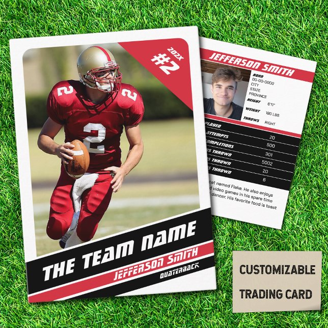 Football Team Trading Card Sport Gifts Idea Red (American Football Player Trading Card in White with Custom Team and Player Name with Red Stripes
)
