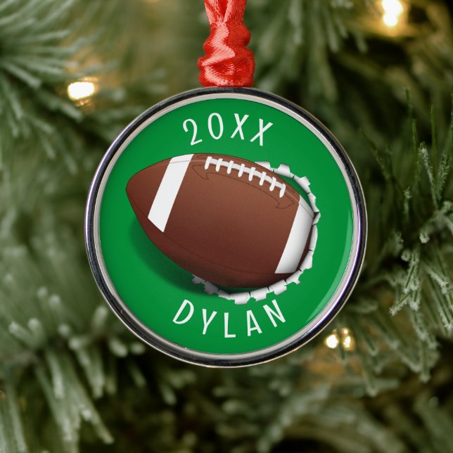 Football Tearing Out Christmas Metal Ornament (Tree)