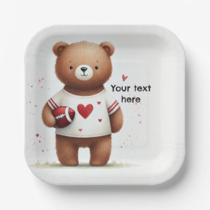 Football Teddy Bear Valentine's 1st Birthday Paper Plate