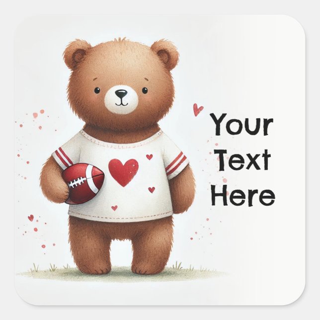 Football Teddy Bear Valentine's 1st Birthday Square Sticker (Front)