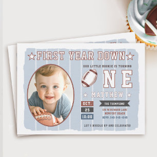Football Theme Dusty Blue Stripes Boy 1st Birthday Invitation