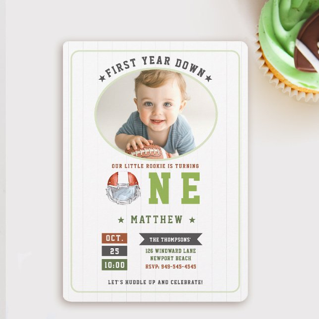 Football Theme First Year Down Boy 1st Birthday Invitation (first year down football birthday invitation photo sports boy green boy 1st party invite)