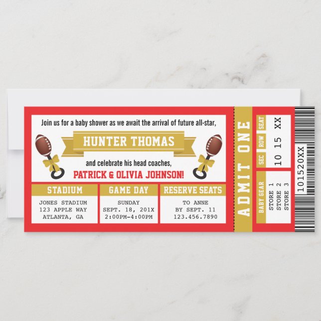 Football Ticket Baby Shower Invitation, Red, Gold Invitation (Front)