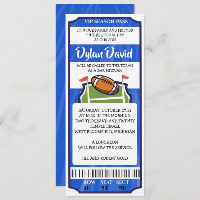 FOOTBALL TICKET Bar Bat Mitzvah Invitation (Front/Back)