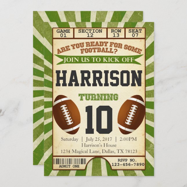 Football Ticket Birthday Party Invitation Invite (Front/Back)