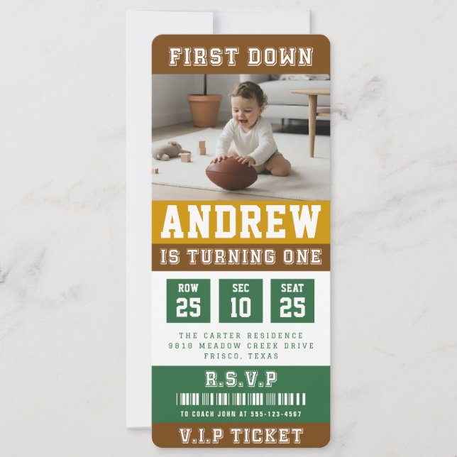 Football Ticket First Down 1st Birthday Kids Photo Invitation (Front)