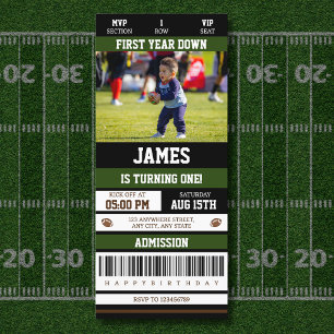 Football Ticket First Year Down 1st Birthday Photo Invitation