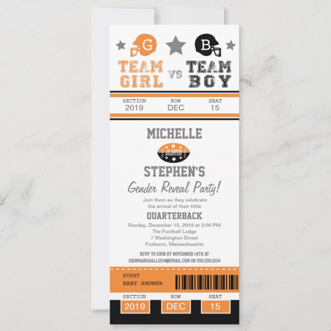 Football Ticket Gender Reveal Baby Shower Invitation (Front)