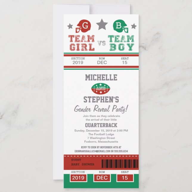 Football Ticket Gender Reveal Baby Shower Invitation (Front)