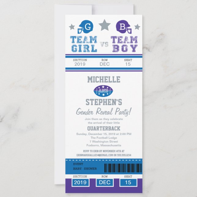 Football Ticket Gender Reveal Baby Shower Invitation (Front)