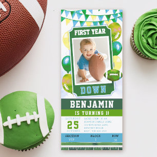Football Ticket Green Boy 1st Birthday Invitation