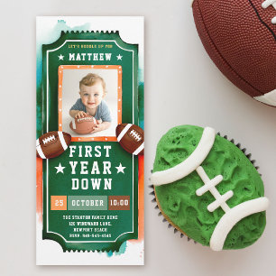 Football Ticket Green Photo Boy 1st Birthday Invitation