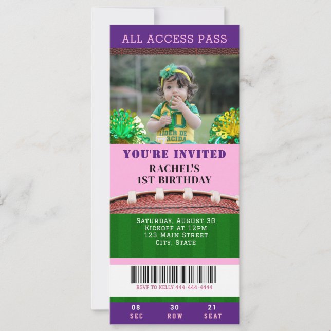 Football Ticket Pink & Purple Birthday Invitation  (Front)