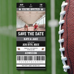 Football Ticket Sport Unique Photo Save The Date Invitation<br><div class="desc">Announce your big day in the most unique way with our football ticket-inspired save-the-date card! Perfect for sports-loving couples, this fun and creative design transforms your save-the-date into a personalised keepsake that looks just like a real game ticket. The card even features space for a photo of the happy couple,...</div>