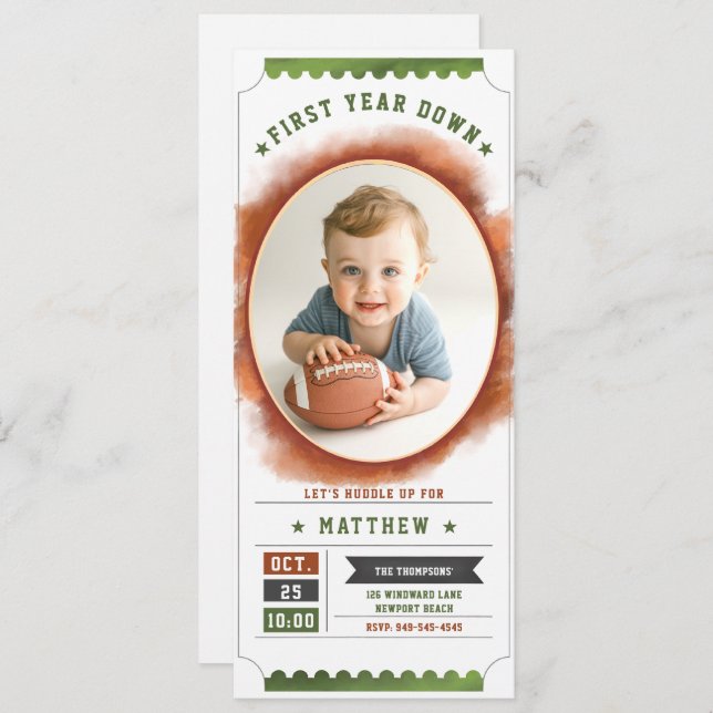 Football Ticket Sports Fun Photo Boy 1st Birthday Invitation (Front/Back)