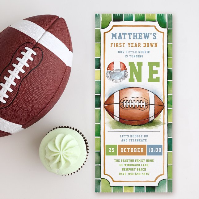 Football Ticket Sports Theme Cute Boy 1st Birthday Invitation (first year down football birthday invitation photo watercolor sports ticket boy green)