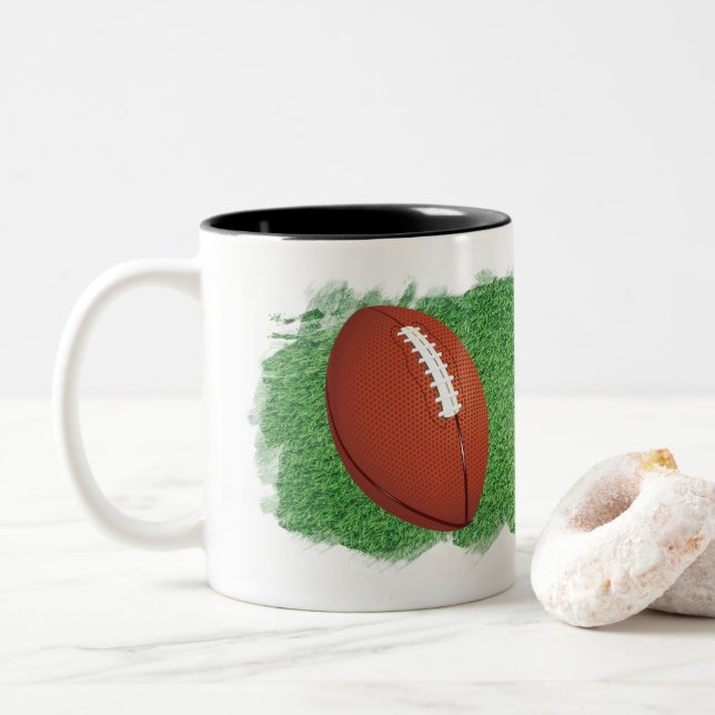 Football with Artistic Image of Grass Personalise Two-Tone Coffee Mug (With Donut)