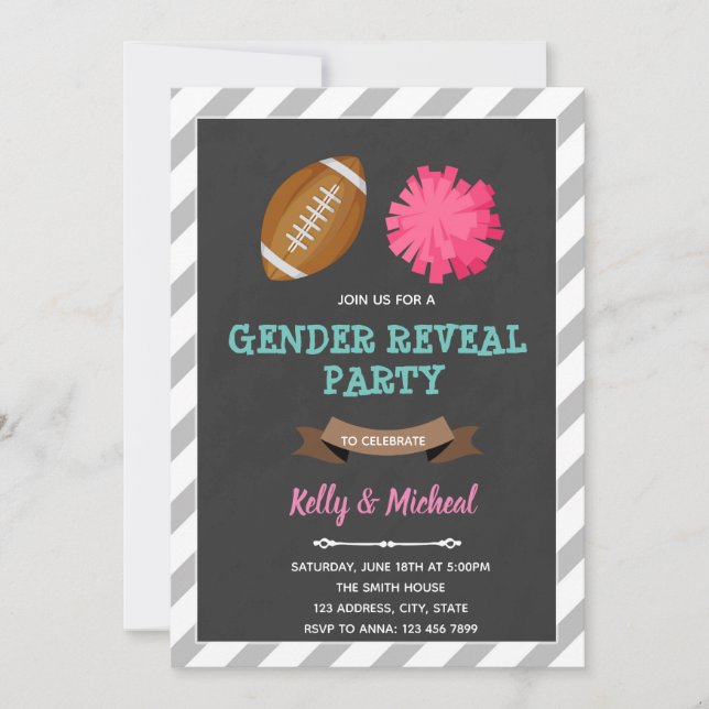 Footballs or Pom Poms gender reveal card (Front)