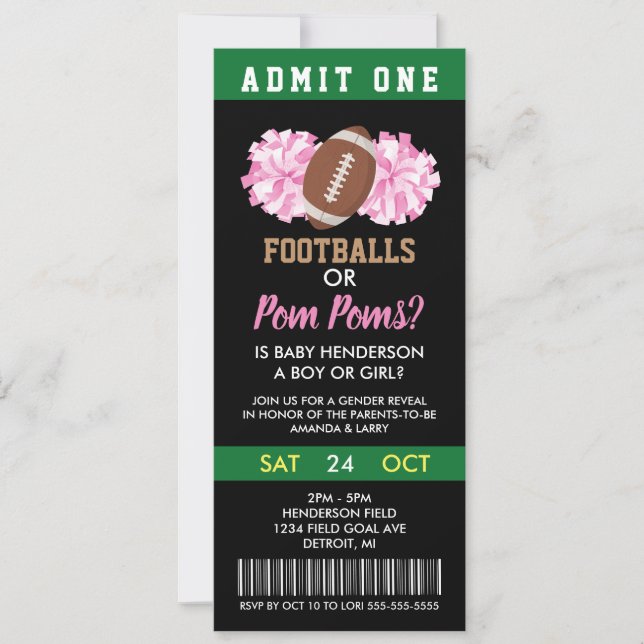Footballs or Pom Poms Gender Reveal Ticket Invitation (Front)