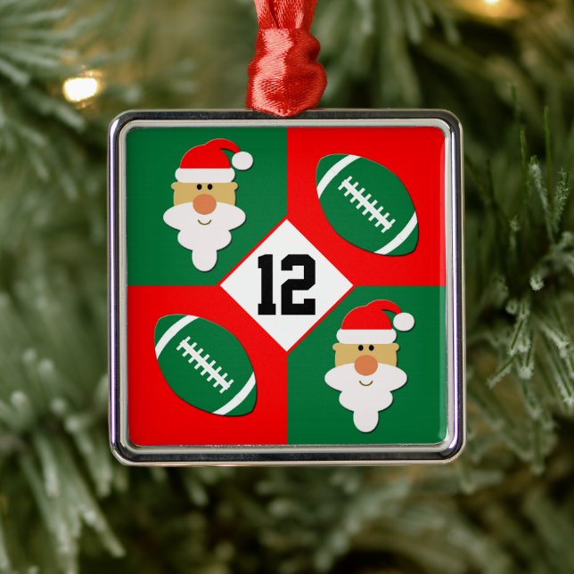 Footballs & Santa Custom Football Player Number Metal Ornament (Tree)
