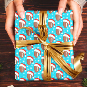 Footballs Santa's Hat & Snowflakes Aqua Wrapping Paper
