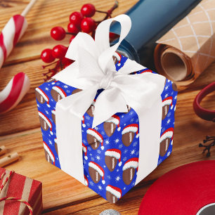 Footballs Santa's Hat & Snowflakes Blue Wrapping Paper