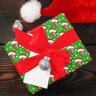 Footballs Santa's Hat & Snowflakes Green Wrapping Paper