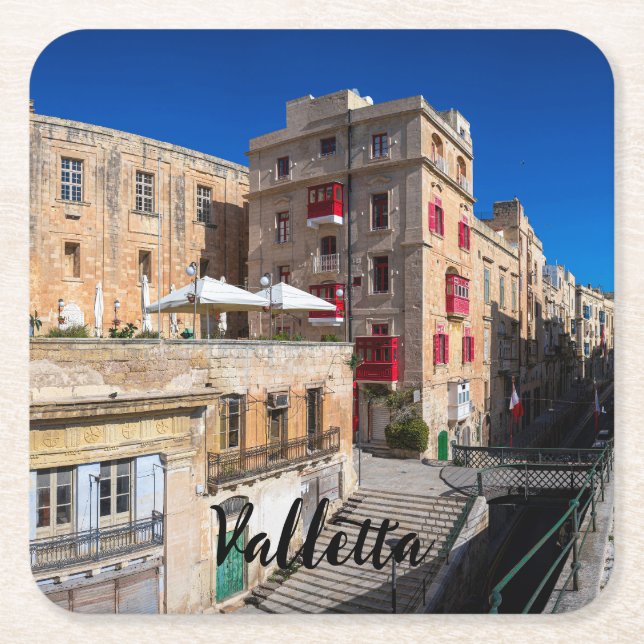 Footbridge, narrow street with stairs in Valletta Square Paper Coaster (Front)