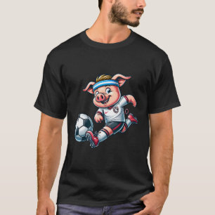 Footll Pig Mascot Playing Soccer Cartoon Striker T-Shirt