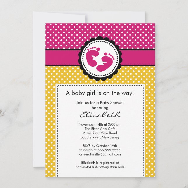 Footprint Baby Shower Invitation Pink Polka Dots (Front)