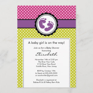 Footprint Baby Shower Invitation Purple Polka Dots