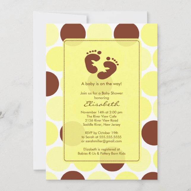 Footprint Baby Shower Invitation Yellow Polka Dots (Front)