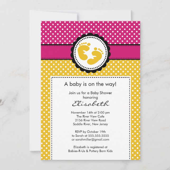 Footprint Baby Shower Invitation Yellow Polka Dots (Front)