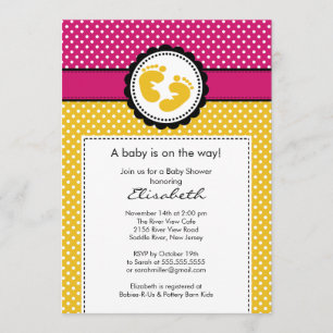 Footprint Baby Shower Invitation Yellow Polka Dots