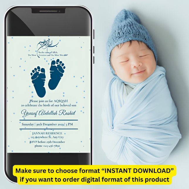 Footprint Newborn Baby Boy Muslim Aqiqah Aqeeqa Invitation (Creator Uploaded)