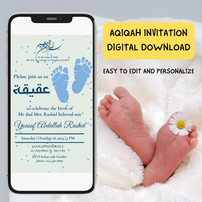 Footprint Newborn Baby Boy Muslim Aqiqah Aqeeqa Invitation (Footprint Newborn Baby Boy Muslim Aqiqah Aqeeqa Invitation)