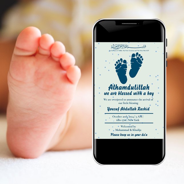 Footprint Newborn Baby Boy Muslim Birth Announceme Invitation (Creator Uploaded)