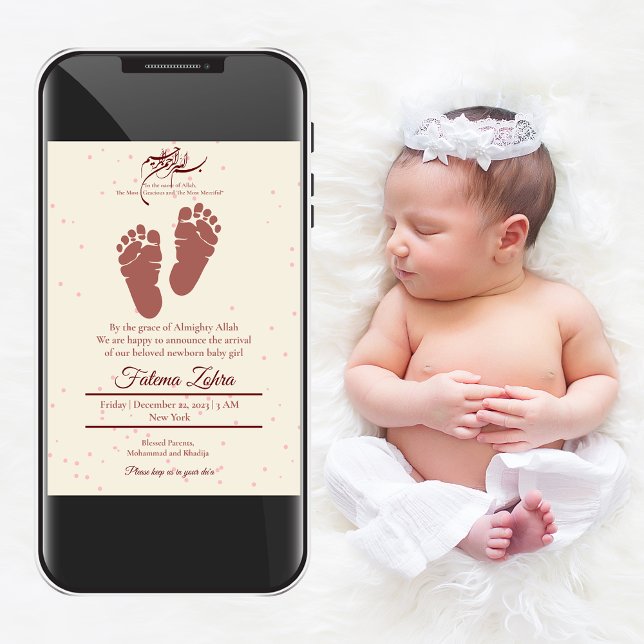Footprint Pink Baby Girl Muslim Birth Announcement (Creator Uploaded)