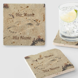 Footprints in Sand His and Her Names Natural Stone Coaster