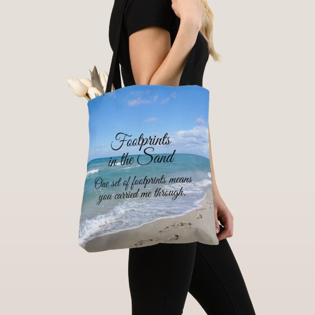 Footprints in the Sand Inspirational Christian Tote Bag (Close Up)