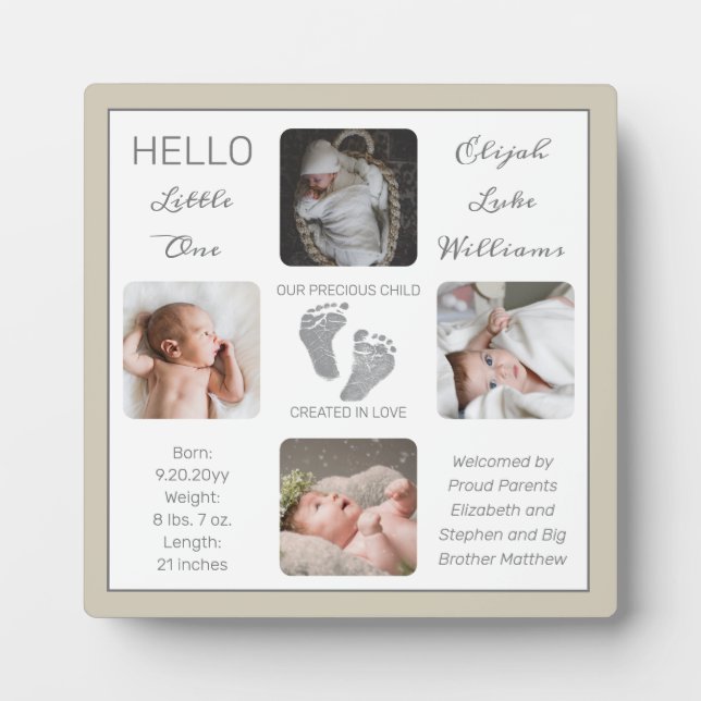 Footprints Multiple Photo Greige Birth Keepsake Plaque (Front)