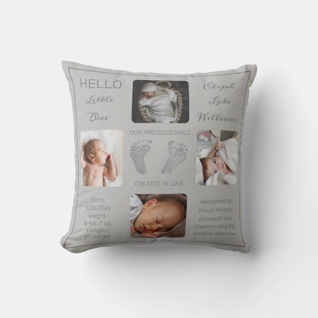 Footprints Multiple Photo Grey Birth Keepsake Cushion (Front)