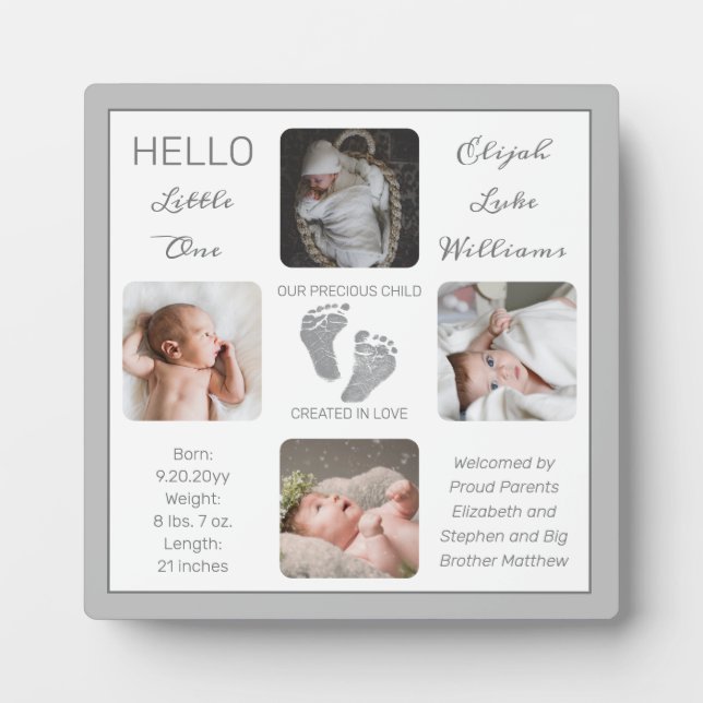 Footprints Multiple Photo Grey Birth Keepsake  Plaque (Front)