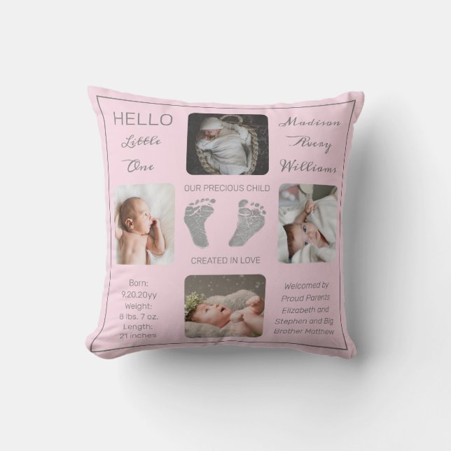Footprints Multiple Photo Pink Birth Keepsake Cushion (Front)