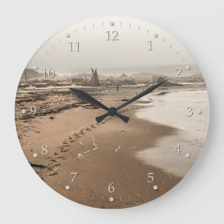 Footprints on a Foggy Beach Large Clock